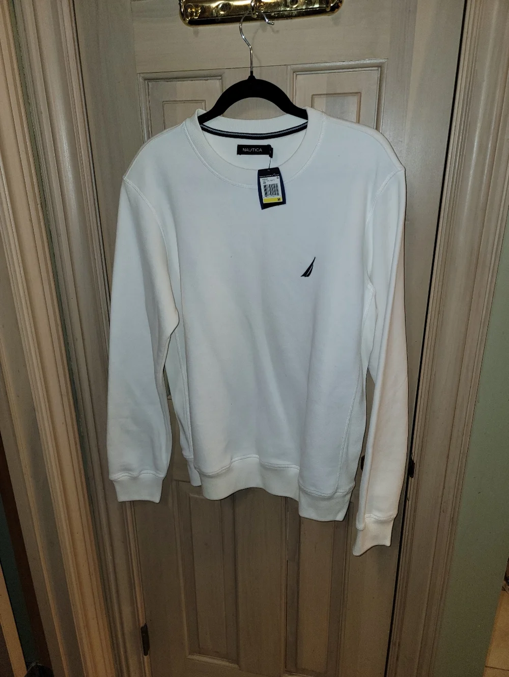 NWT Nautica Men's SZ M White Crewneck Pullover with Navy Logo - Picture 5 of 8